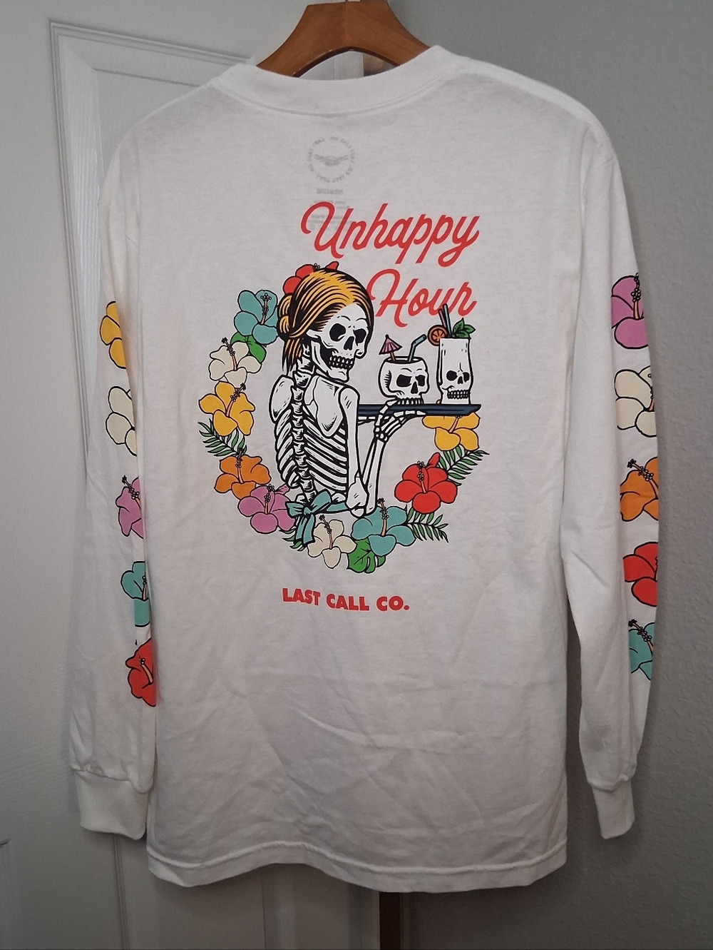 Last Call Unhappy Hour Skeleton Cocktail Waitress Long Sleeve T Shirt Unisex Med